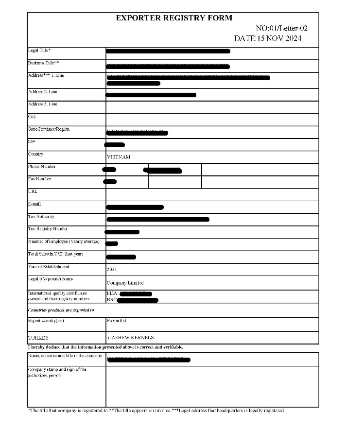 CO FORM HÀNG XUẤT ĐI THỔ NHĨ KỲ (EXPORTER REGISTRY FORM)